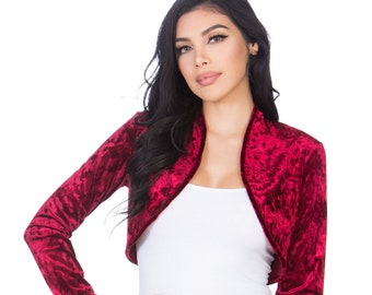 Women Long Sleeve Collarless Opened Velvet Velour Bolero Shrug Cardigan Jacket Cropped Dress Top Cover Colors & Sizes