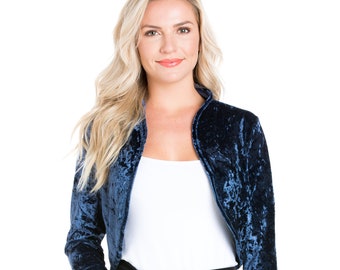 Women Long Sleeve Collarless Opened Velvet Velour Bolero Shrug Cardigan Jacket Cropped Dress Top Cover Navy Blue