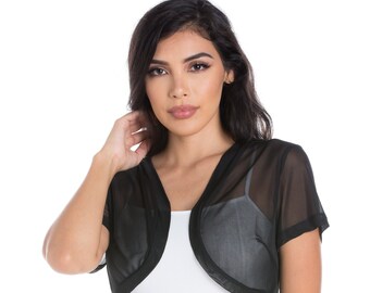 Schwarzer Frauen Chiffon Bolero Shrug Kurzarm abgeschnitten offene