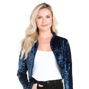 Women Long Sleeve Collarless Opened Velvet Velour Bolero Shrug Cardigan Jacket Cropped Dress Top Cover Navy Blue image 1