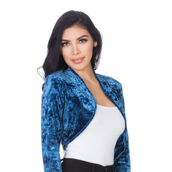 Fashion Secrets Women LOng Sleeve Collarless Opened Velvet Velour Bolero Shrug Cardigan Jacket Cropped Dress Top Blue