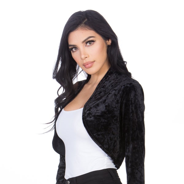 Women Black Long Sleeve Collarless Opened Velvet Velour Bolero Shrug Cardigan Jacket Cropped Dress Top Cover