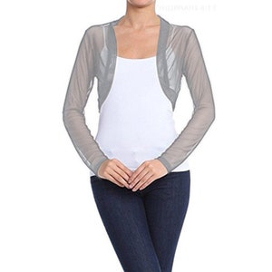 Long Sleeve Grey Women Chiffon Bolero Shrug Cardigan Wrap Jacket Fitted Cropped Open Front Evening Top Wrap Formal Wedding Dress Cover