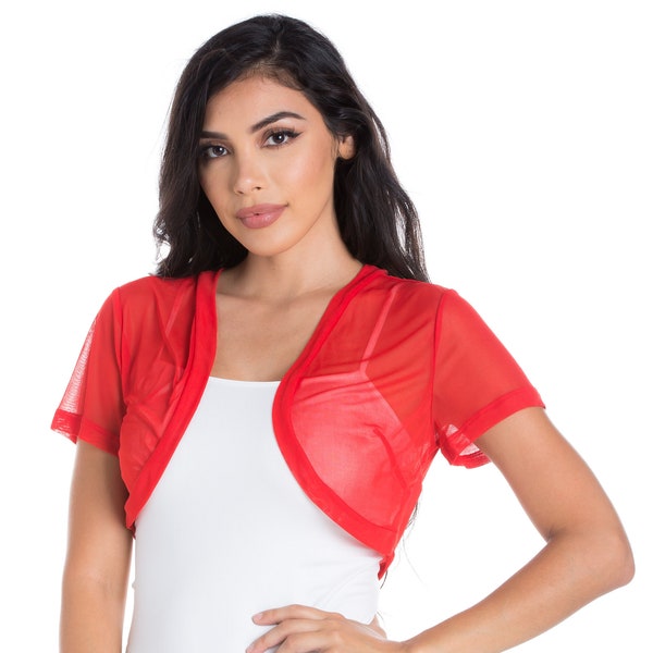 Rouge Femmes Mousseline Boléro Haussement d’épaules Manches courtes Recadrée Ouverte Robe de soirée Top Cover Wrap Cardigan / Robe de mariée Boléros