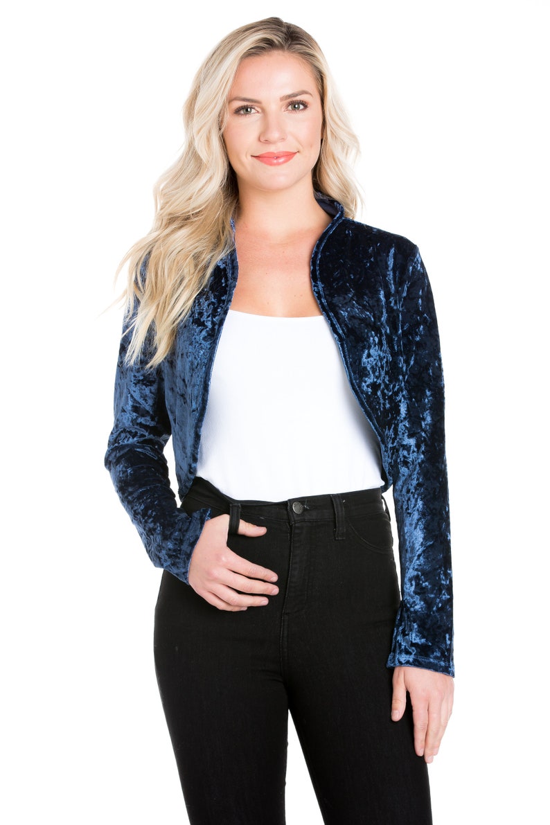 Women Long Sleeve Collarless Opened Velvet Velour Bolero Shrug Cardigan Jacket Cropped Dress Top Cover Navy Blue image 1