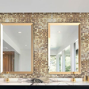Gold Small Squares Peel And Stick Backsplash Kitchen Backsplash Tiles Peel and Stick Metal , Self Adhesive Backsplash Wall Tiles