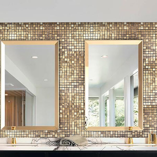 Gold Small Squares Peel And Stick Backsplash Kitchen Backsplash Tiles Peel and Stick Metal , Self Adhesive Backsplash Wall Tiles