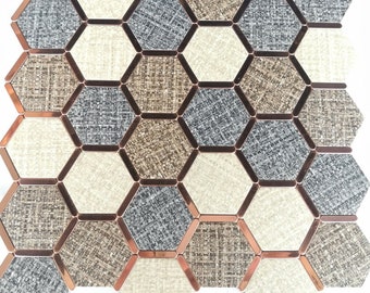May include: A sheet of hexagonal mosaic tiles with a copper trim. The tiles are made of a woven fabric in shades of brown, beige, and gray.
