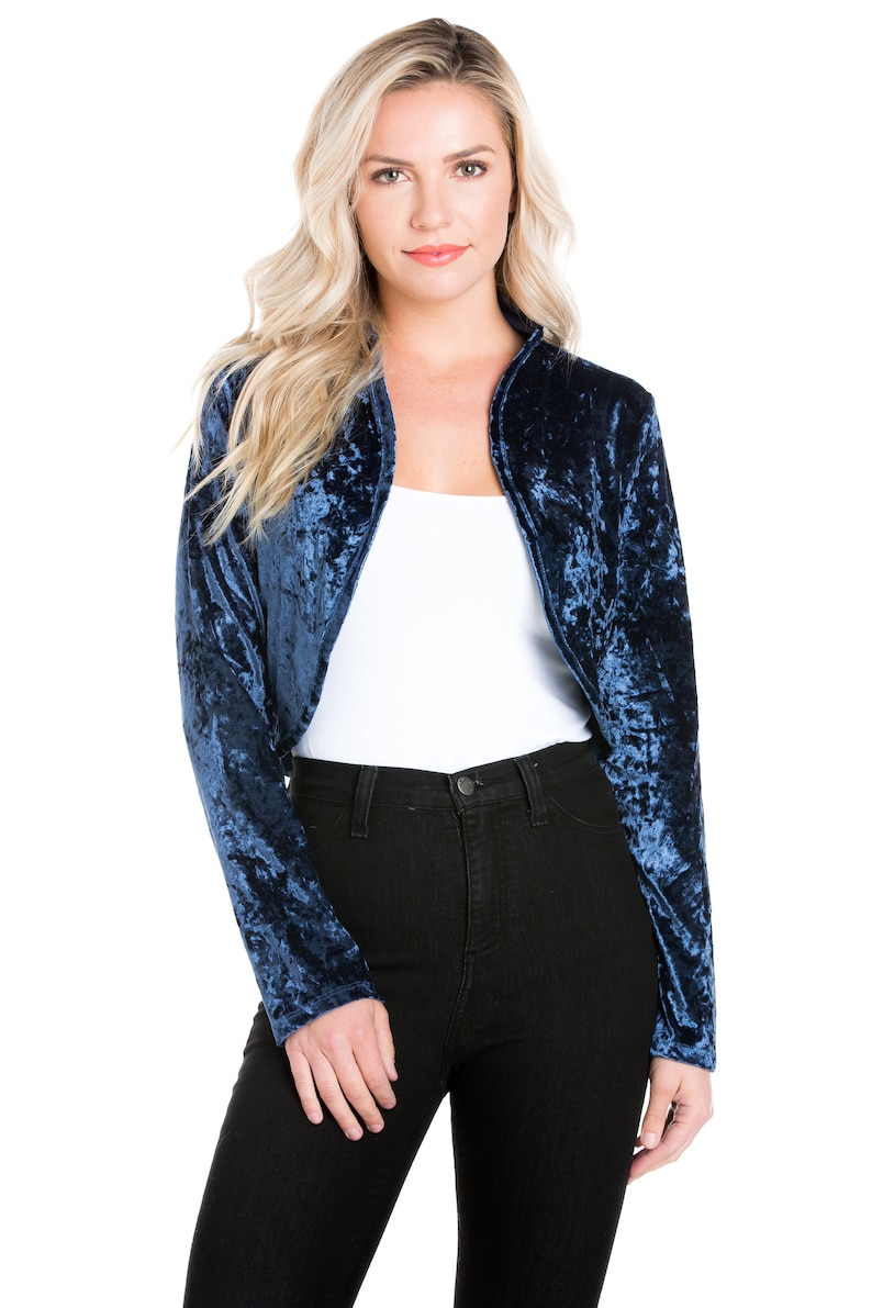 Women Long Sleeve Collarless Opened Velvet Velour Bolero Shrug Cardigan Jacket Cropped Dress Top Cover Navy Blue image 3