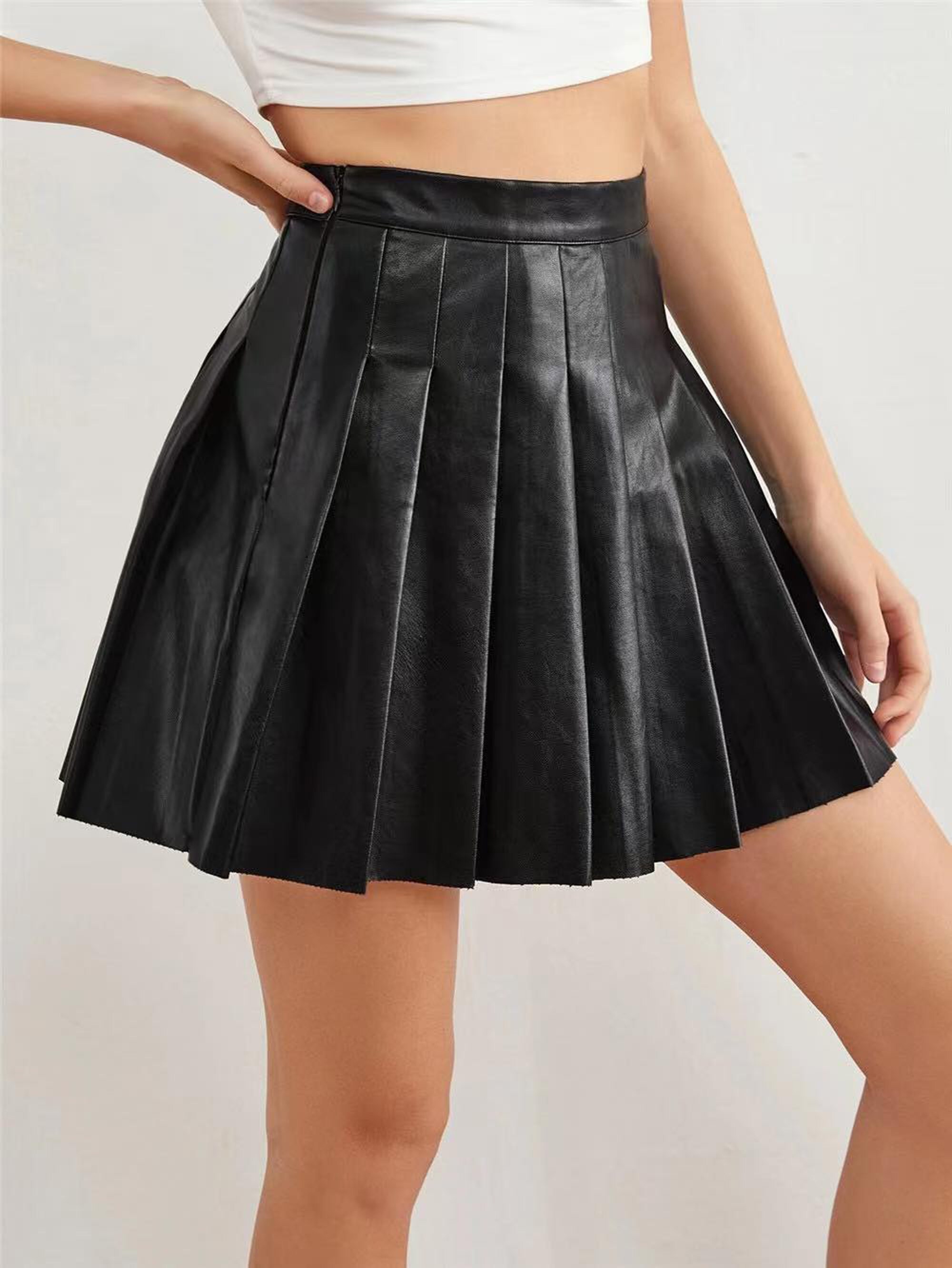 Valcatch - Falda De Cuero Sintético Plisada Para Niña, Cintura Elástica, Tallas 3-12 Años, Color Café/Negro