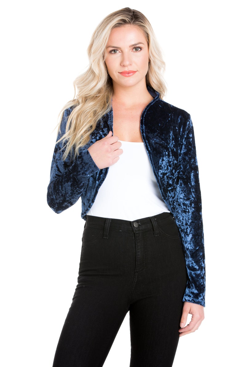 Women Long Sleeve Collarless Opened Velvet Velour Bolero Shrug Cardigan Jacket Cropped Dress Top Cover Navy Blue image 2