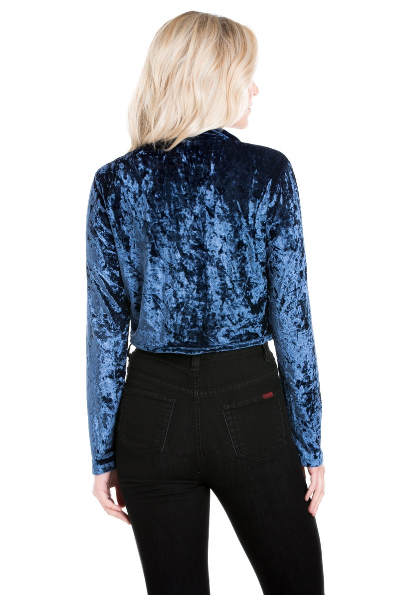 Women Long Sleeve Collarless Opened Velvet Velour Bolero Shrug Cardigan Jacket Cropped Dress Top Cover Navy Blue image 5