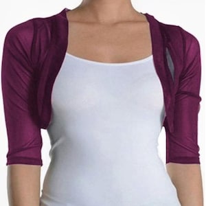 Plum Purple Women Chiffon Bolero Shrug 3/4 Sleeve Fitted Cropped Open Front Evening Dress Top Cover Wrap Cardigan Wedding Dress Boleros