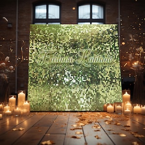 May include: A green sequin backdrop with the text "Fashion Latitude" in gold lettering. The backdrop is surrounded by lit candles on a wooden floor.