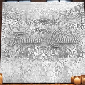 May include: A silver sequin backdrop with the text "Fashion Latitude" in a white cursive font.