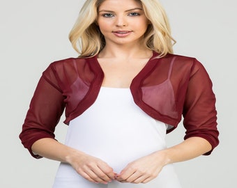 Burgundy Red Women Chiffon Bolero Shrug 3/4 Sleeve Fitted Cropped Open Front Evening Dress Top Cover Wrap Cardigan Wedding Dress Boleros