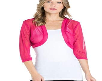 Magenta Pink Women Chiffon Bolero Shrug 3/4 Sleeve Fitted Cropped Open Front Evening Dress Top Cover Wrap Cardigan