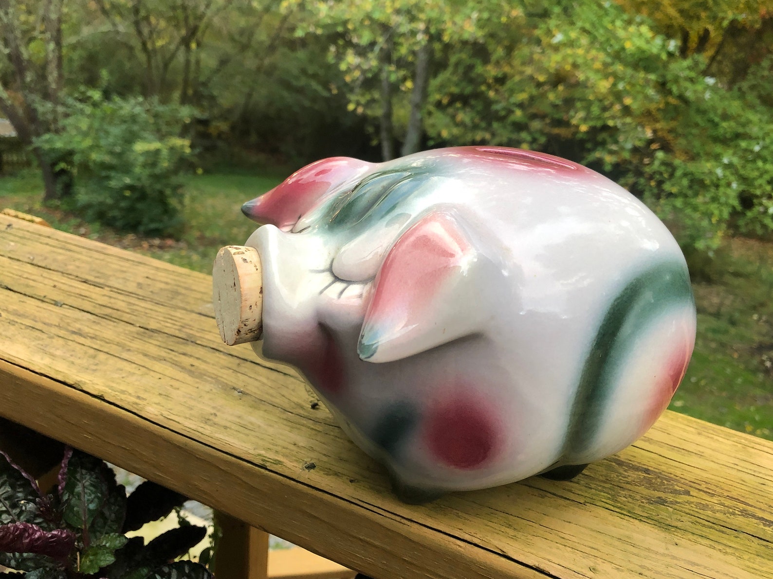 Corky Pig Piggy Bank White with Green & Pink Great Etsy