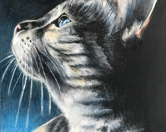 May include: A close-up portrait of a gray and white cat with blue eyes looking up. The cat is painted in a realistic style with fine details in the fur and whiskers.