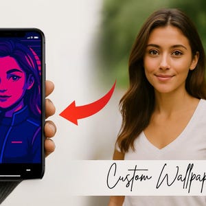 Papel de parede de desenho animado Cyberpunk personalizado para celular | Retrato neon de foto | Arte digital para celular | Presente personalizado | Papel de parede de tela de bloqueio