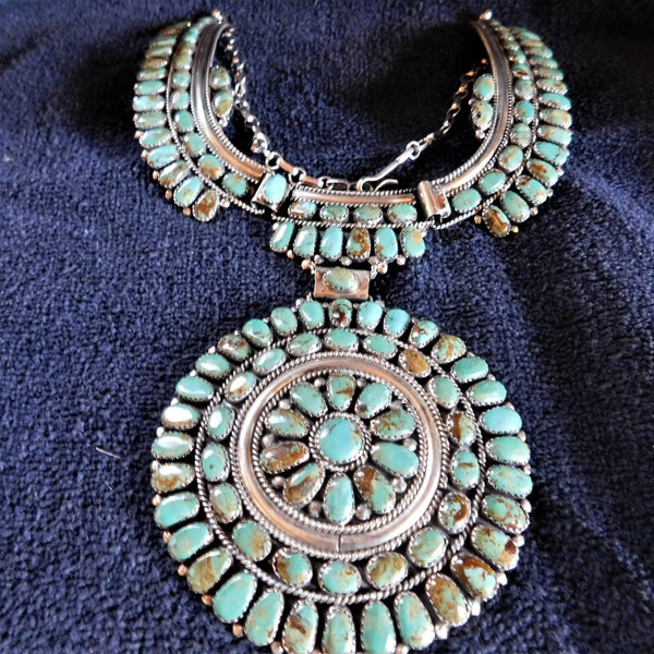 Vintage Zuni Old Pawn Sterling Silver and Turquoise Necklace with huge Sun Wheel 20" in Length