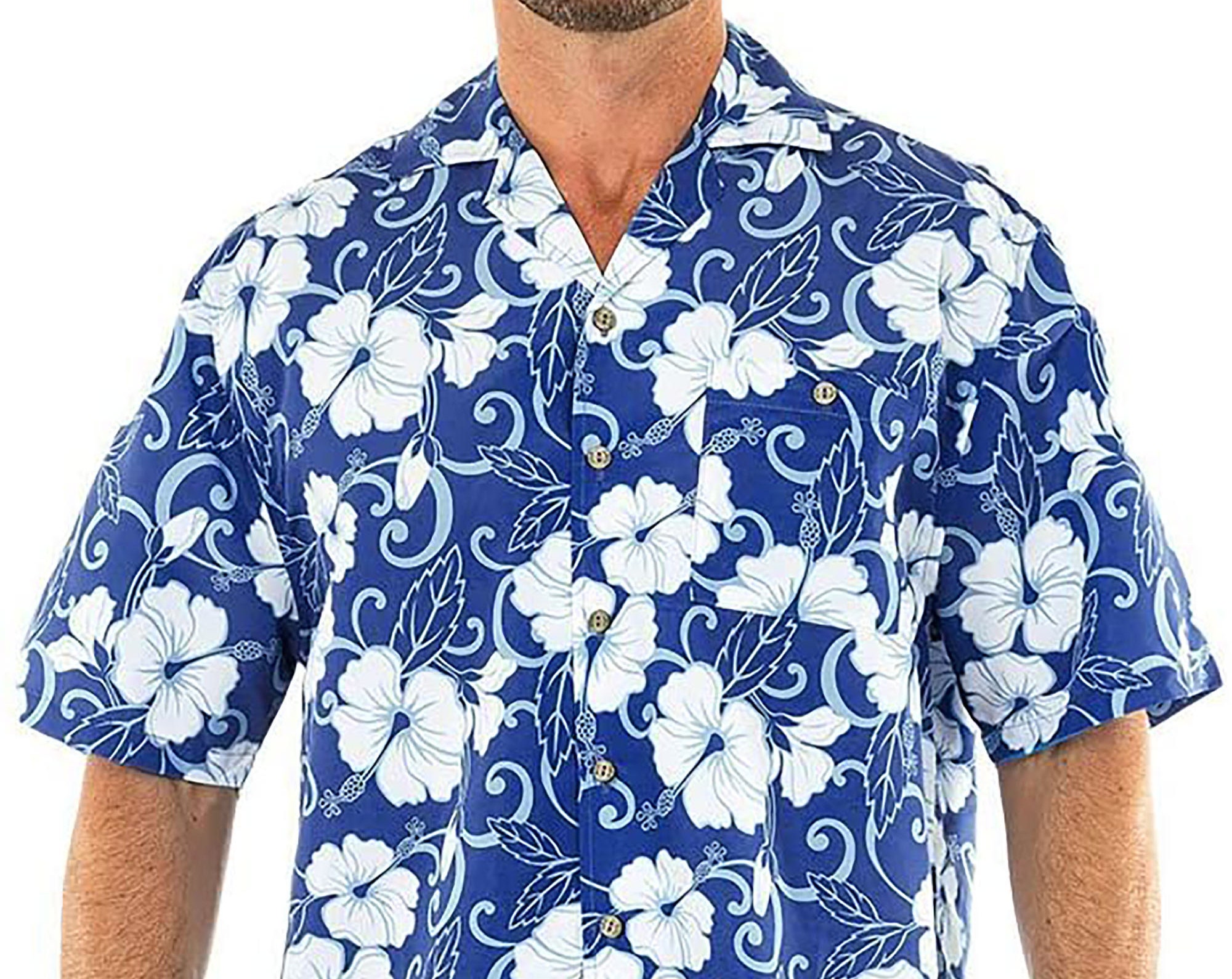 Blue Button Down Hawaiian Shirt with Hibiscus Flower Print