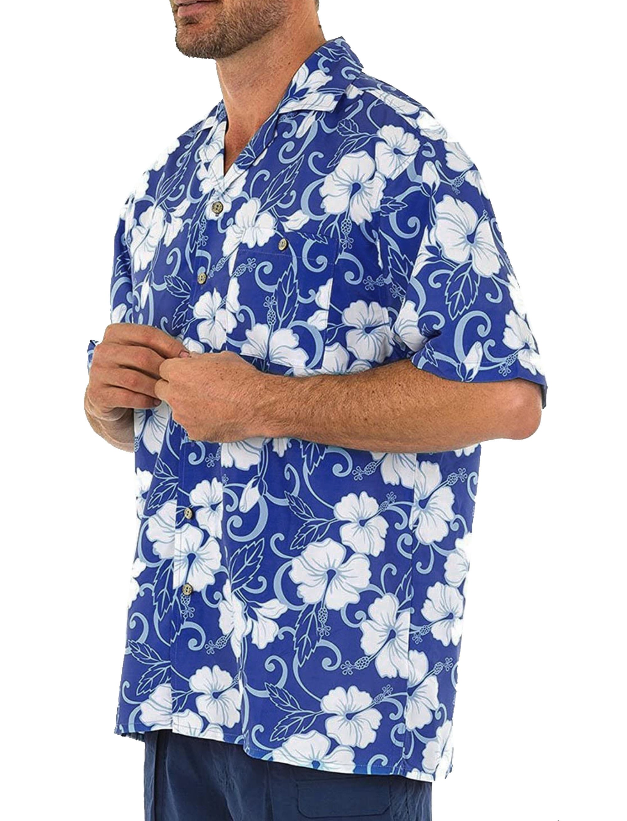 Discover Blue Button Down Hawaiian Shirt with Hibiscus Flower Print