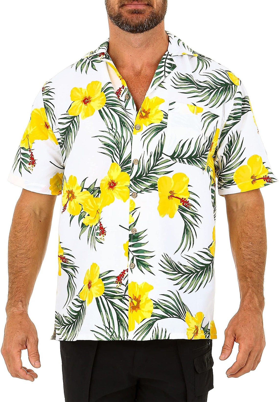 Men's White Button Down Hawaiian Shirt with Yellow Flower Etsy