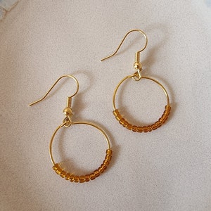 Handmade Beaded Hoop Earrings | Minimalist Festive Statement Christmas Party | Gold Plated | Orange Amber