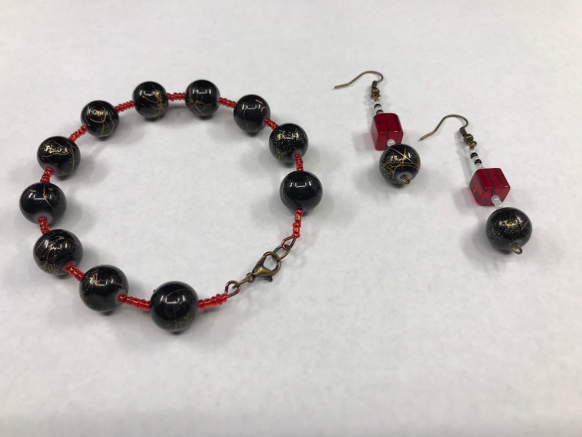 Red and Black Beaded Bracelet and Earring Set Etsy