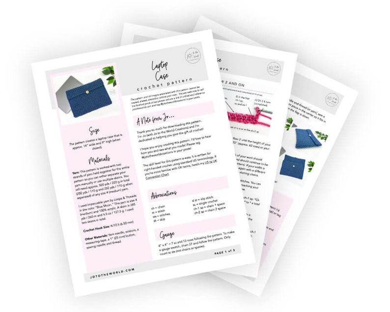 May include: A crochet pattern for a laptop case with instructions and a note from the designer. The pattern includes a close-up of the finished case, a photo of the stitch pattern, and a materials list.