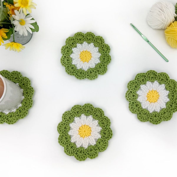 Daisy Coasters Crochet Pattern | Crochet Flower Coaster Pattern | Daisy Flower Granny Square Circle | Coaster Set | Crochet Flower Pattern
