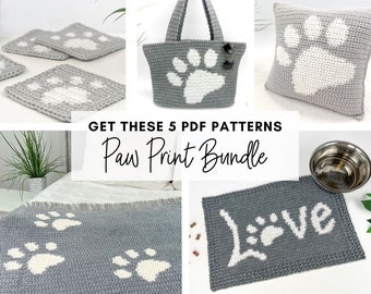 Paw Print Crochet Pattern Bundle - Includes 5 Paw Print Crochet Patterns: Pillow, Coasters, Blanket/Throw, Pet Bowl Mat and Bag