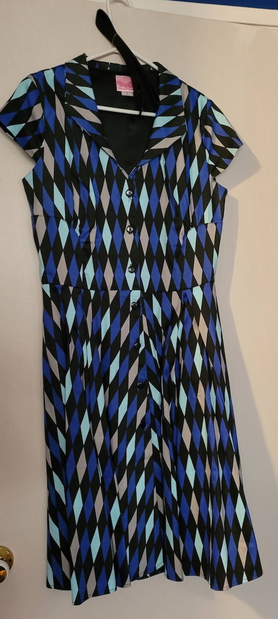Pin Up Couture Blue Diamond Harlequin Collared Dress