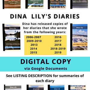 Choose 1: 2006-07, 2008, 2009-10, 2013, 2014, 2015, 2016, 2017, 2018, 2019 Used Handwritten DIARIES by Dina Lily ONLINE COPY of her journals