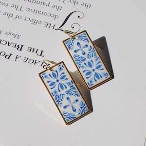 Hand-painted Portuguese Tile Earrings, Boho Earring, Portuguese Jewelry, Blue and White Rectangle Tile Earrings; gift