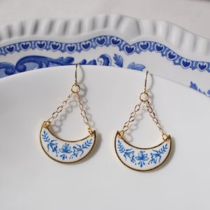 Fine China chandelier earrings , hand painted blue and white earring inspired by blue flower porcelain china; gift