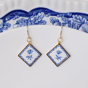 Floral Portuguese Tile Hand-painted Earrings - Boho earring, Handmade jewelry, Blue and White Square Tile Gold Dangles