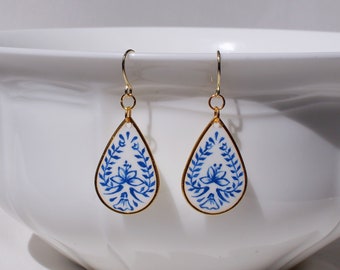 Fine China Earring, hand-painted blue and white porcelain earring, ceramic earring, statement earring; gift