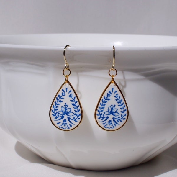 Fine China Earring, hand-painted blue and white porcelain earring, ceramic earring, statement earring; gift