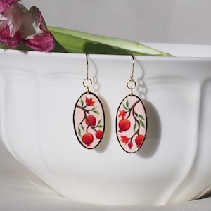 Pomegranates in Bloom Hand-painted Gold Earrings Floral Pink Red Jewelry