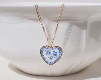 Porcelain Inspired Heart Necklace - Hand-painted Necklace Inspired by Porcelain & Portuguese Tiles, Blue floral non-tarnish Jewelry; gift