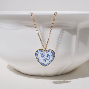 Porcelain Inspired Heart Necklace - Hand-painted Necklace Inspired by Porcelain & Portuguese Tiles, Blue floral non-tarnish Jewelry; gift