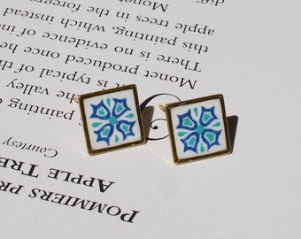 Portuguese Tile Stud Earrings - Azulejo architecture, hand-painted gold artisan jewelry, minimalist boho