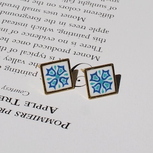 Portuguese Tile Stud Earrings - Azulejo architecture, hand-painted gold artisan jewelry, minimalist boho