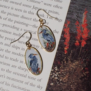 Hand painted Blue Heron earrings, hand painted jewelry inspired by elegant birds, oval drop earrings, gift