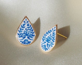 Hand-Painted Blue Floral Teardrop Studs, Fine China Earrings