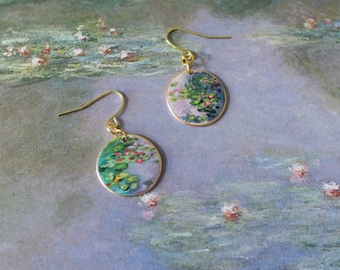 Hand-Painted Monet Water Lilies Earrings: Wearable Fine Art