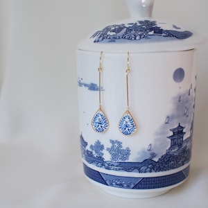 Hand-Painted Fine China Drop Earrings: Blue White Flower Jewelry