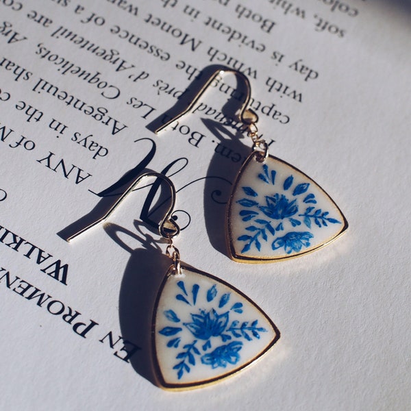 Fine China earrings, hand-painted earring inspired by blue and white porcelain, blue china, reuleaux, statement earrings; bridal gift